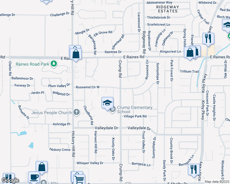 map of restaurants, bars, coffee shops, grocery stores, and more near 4310 Thistleway Drive in Memphis