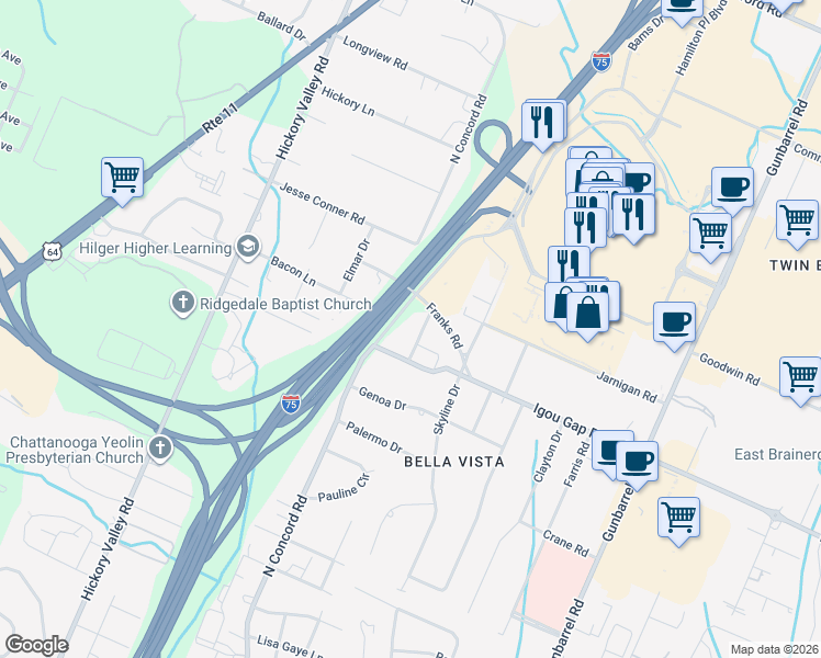 map of restaurants, bars, coffee shops, grocery stores, and more near 1911 Croy Lane in Chattanooga