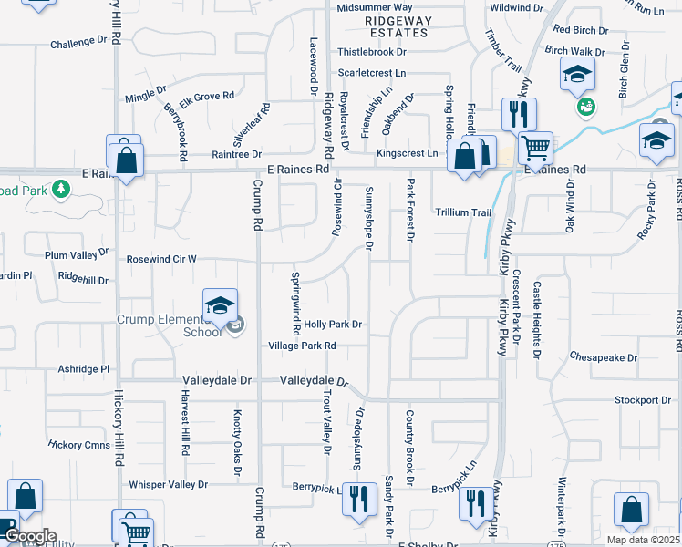 map of restaurants, bars, coffee shops, grocery stores, and more near 4309 Deergrove Road in Memphis