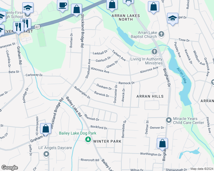 map of restaurants, bars, coffee shops, grocery stores, and more near 6408 Dunham Drive in Fayetteville