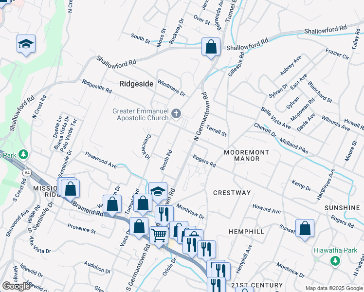 map of restaurants, bars, coffee shops, grocery stores, and more near 3523 Rogers Road in Chattanooga
