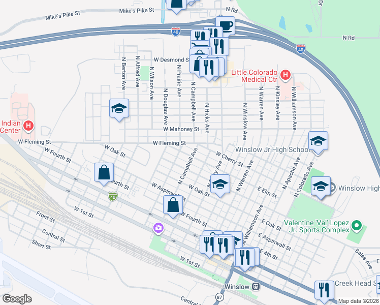 map of restaurants, bars, coffee shops, grocery stores, and more near 517 West Cherry Street in Winslow