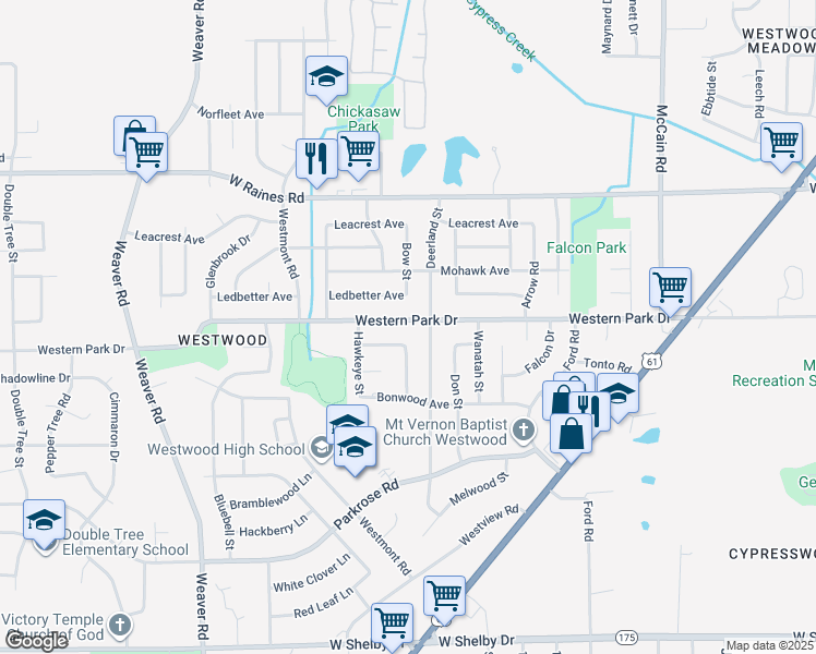 map of restaurants, bars, coffee shops, grocery stores, and more near 727 Western Park Drive in Memphis