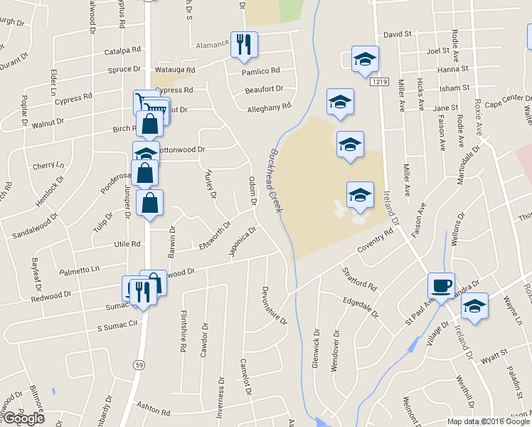 map of restaurants, bars, coffee shops, grocery stores, and more near 1019 Odom Drive in Fayetteville