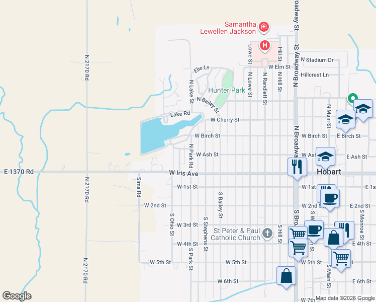map of restaurants, bars, coffee shops, grocery stores, and more near 213 North Park Road in Hobart