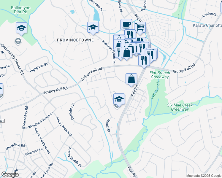 map of restaurants, bars, coffee shops, grocery stores, and more near 10217 Blakeney Preserve Drive in Charlotte