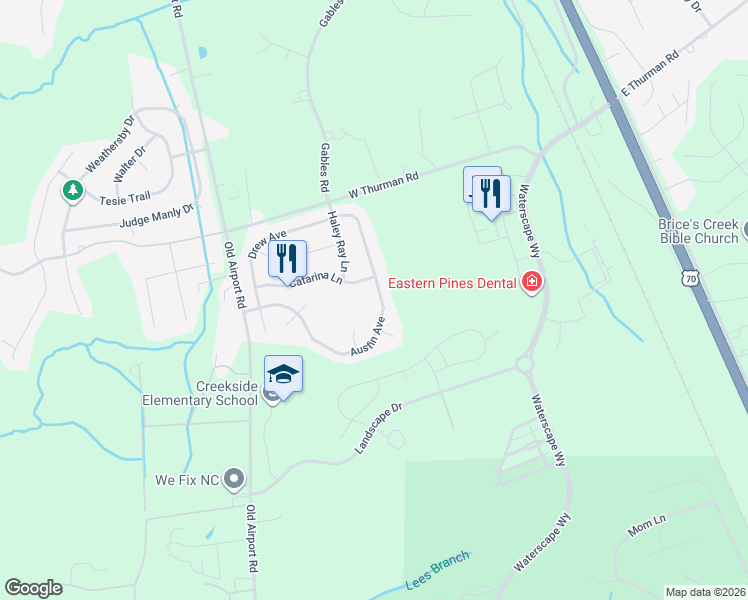 map of restaurants, bars, coffee shops, grocery stores, and more near 3232 Austin Avenue in New Bern