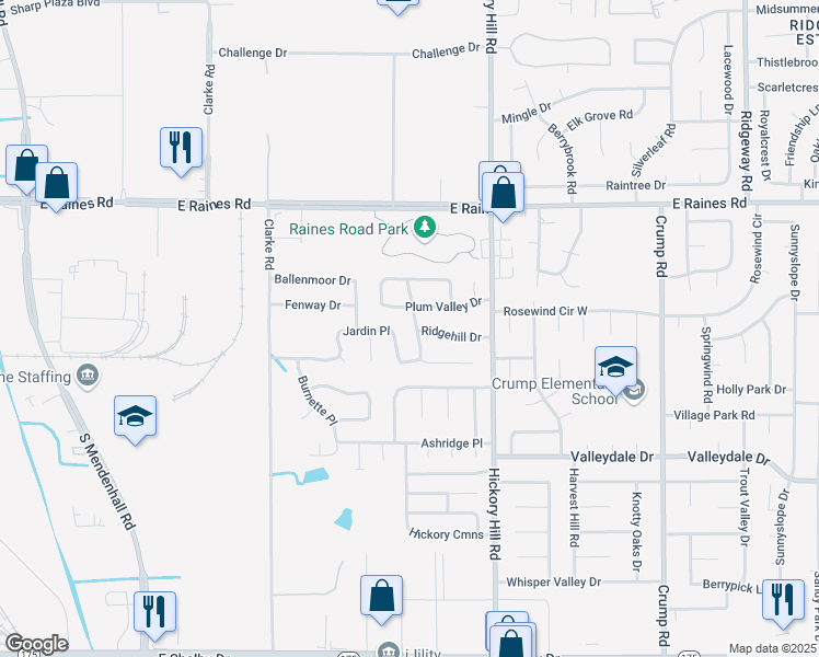 map of restaurants, bars, coffee shops, grocery stores, and more near 4307 Ridge Valley Trail in Memphis