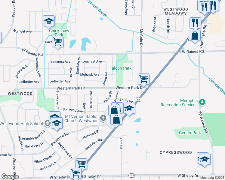 map of restaurants, bars, coffee shops, grocery stores, and more near 551 Western Park Drive in Memphis