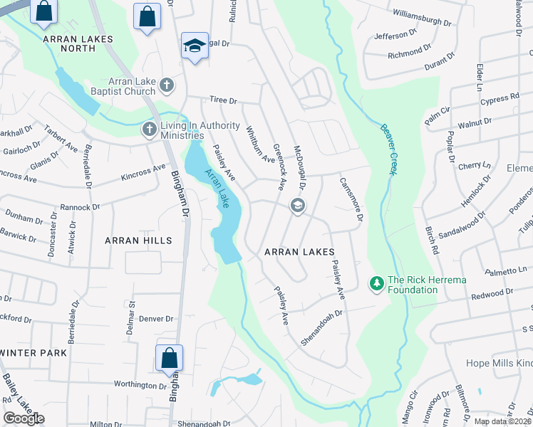 map of restaurants, bars, coffee shops, grocery stores, and more near 1512 Greenock Avenue in Fayetteville