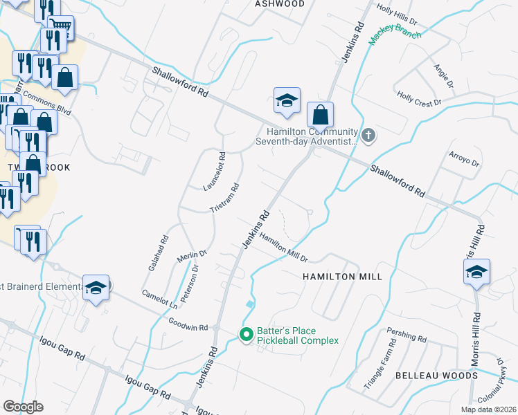 map of restaurants, bars, coffee shops, grocery stores, and more near 2141 Jenkins Road in Chattanooga