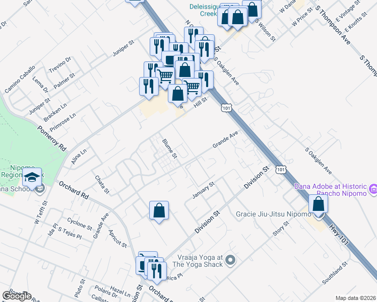 map of restaurants, bars, coffee shops, grocery stores, and more near 280 Scarlett Circle in Nipomo