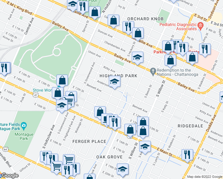map of restaurants, bars, coffee shops, grocery stores, and more near 1003 South Hickory Street in Chattanooga