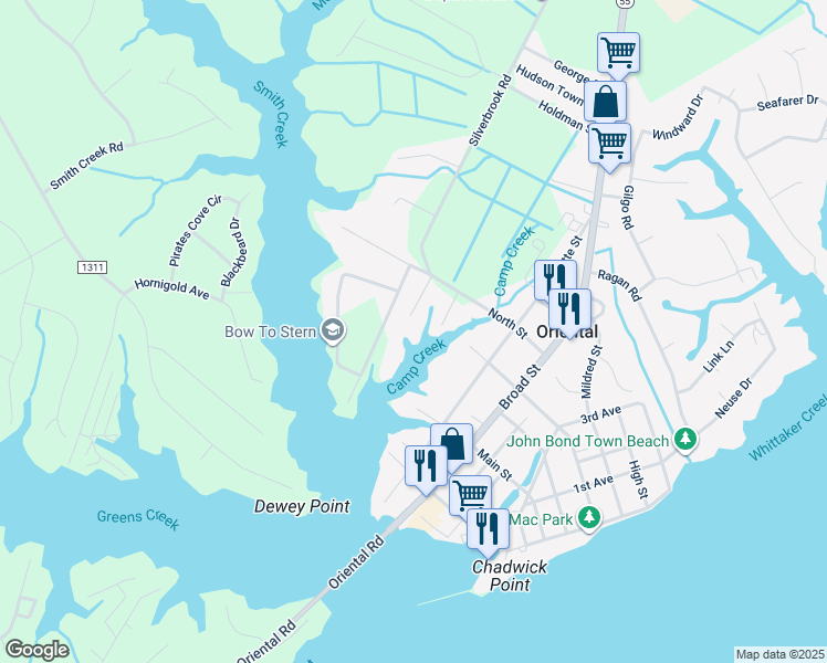 map of restaurants, bars, coffee shops, grocery stores, and more near 105 Hudnell Lane in Oriental