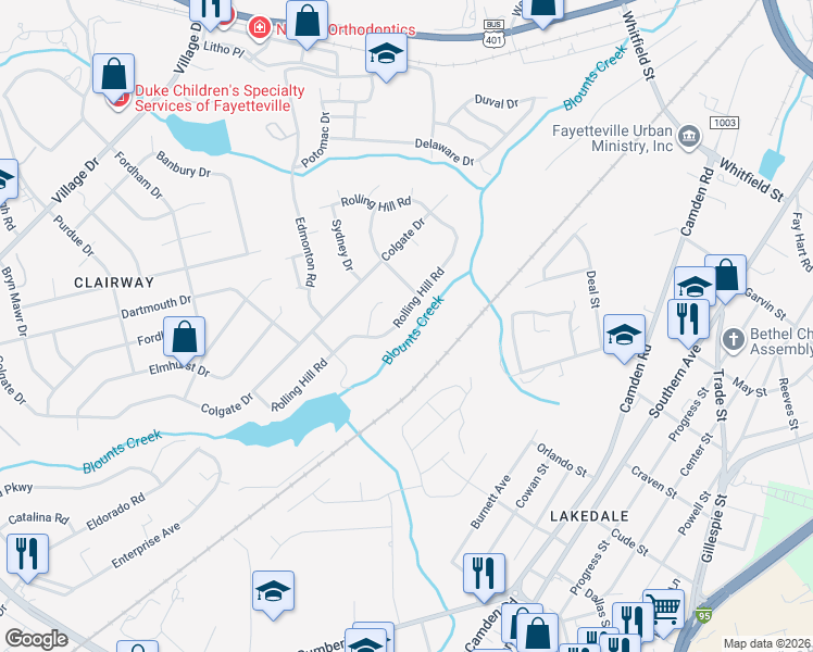 map of restaurants, bars, coffee shops, grocery stores, and more near 2347 Rolling Hill Road in Fayetteville