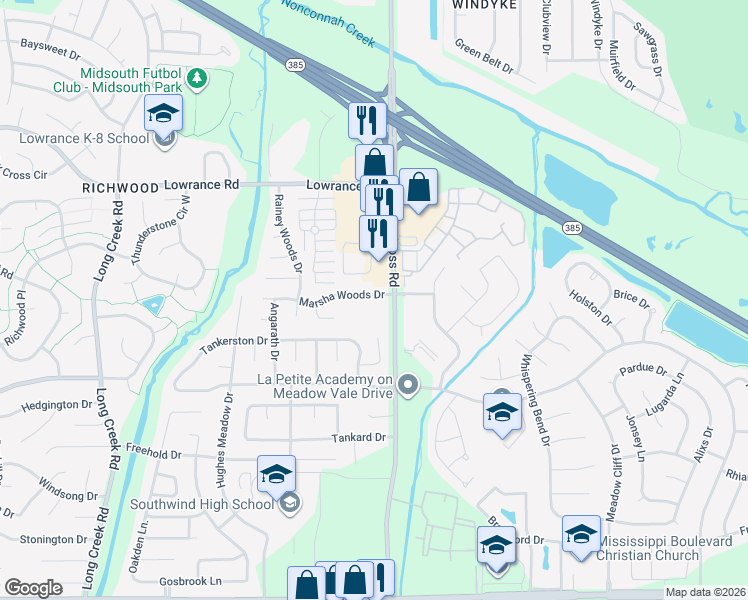 map of restaurants, bars, coffee shops, grocery stores, and more near 7981 Marsha Woods Drive in Memphis