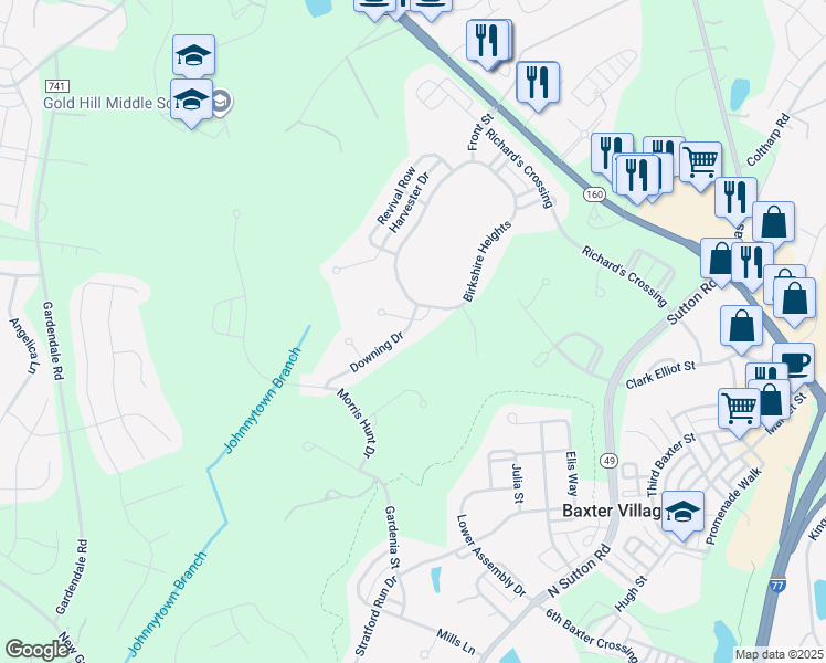 map of restaurants, bars, coffee shops, grocery stores, and more near 5023 Downing Drive in Fort Mill