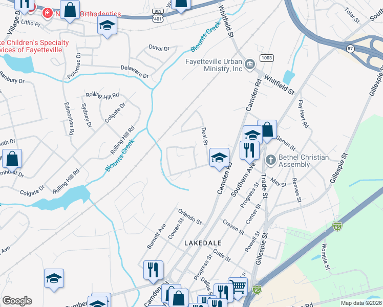 map of restaurants, bars, coffee shops, grocery stores, and more near 1504 Rocktree Ct in Fayetteville