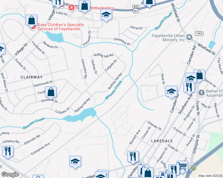map of restaurants, bars, coffee shops, grocery stores, and more near 2347 Rolling Hill Road in Fayetteville