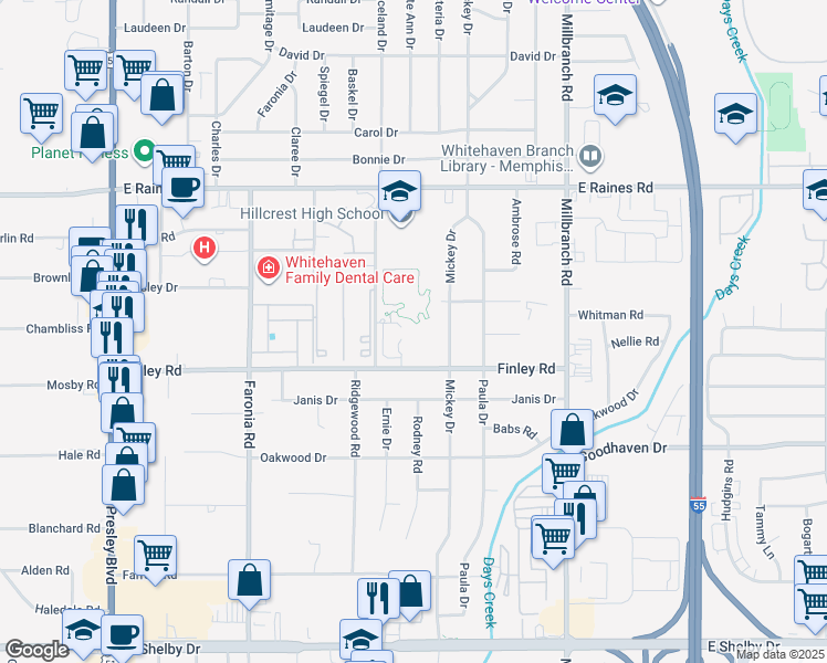 map of restaurants, bars, coffee shops, grocery stores, and more near 1474 Finley Road in Memphis