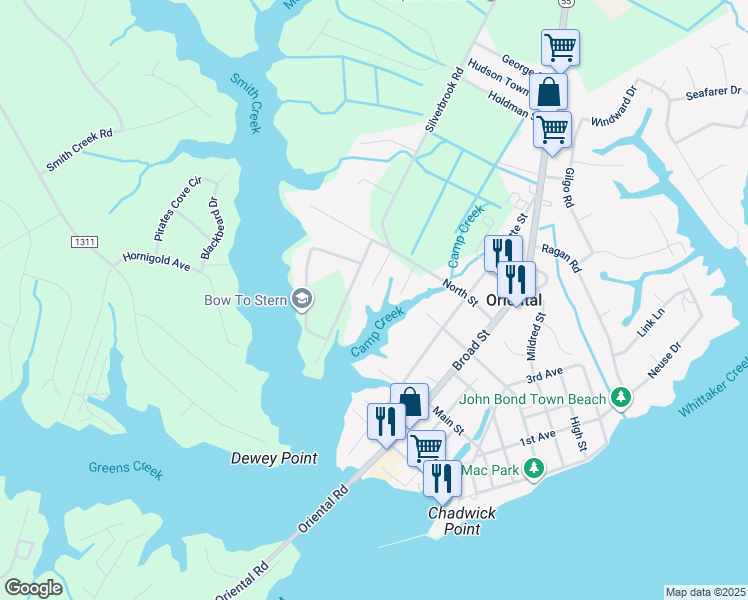 map of restaurants, bars, coffee shops, grocery stores, and more near 105 Hudnell Lane in Oriental