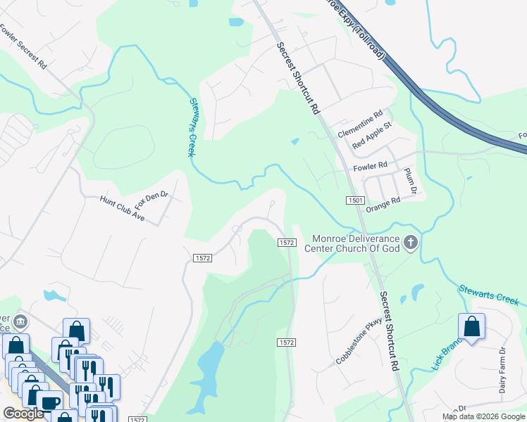 map of restaurants, bars, coffee shops, grocery stores, and more near 2655 Rolling Hills Drive in Monroe
