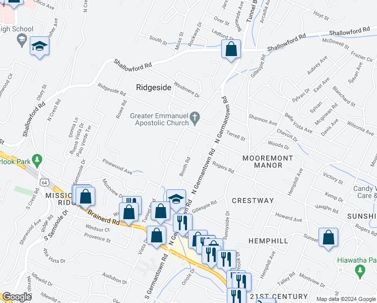 map of restaurants, bars, coffee shops, grocery stores, and more near 411 Booth Road in Chattanooga