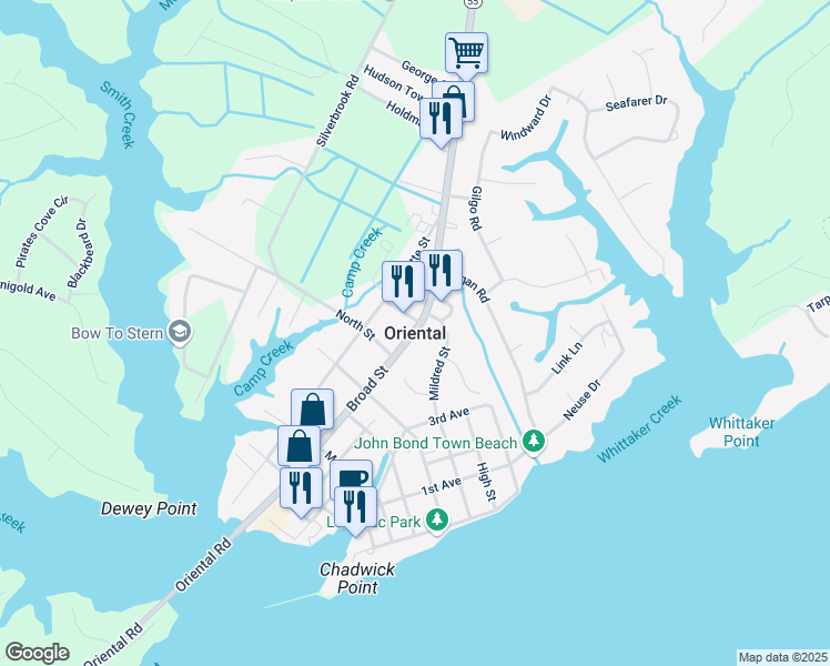 map of restaurants, bars, coffee shops, grocery stores, and more near in Oriental