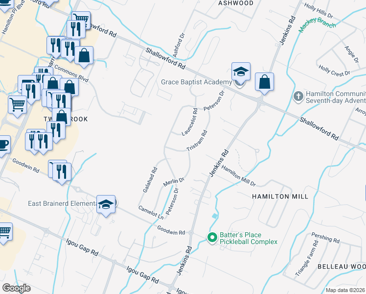map of restaurants, bars, coffee shops, grocery stores, and more near 2217 Tristram Road in Chattanooga