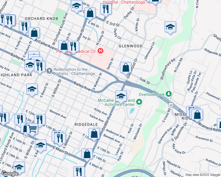 map of restaurants, bars, coffee shops, grocery stores, and more near 2509 Chamberlain Avenue in Chattanooga