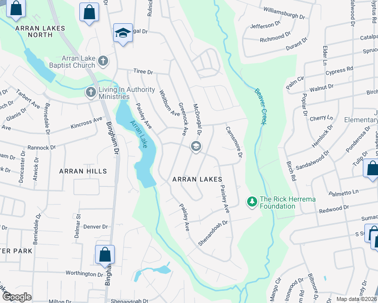 map of restaurants, bars, coffee shops, grocery stores, and more near 5939 Ormskirk Drive in Fayetteville
