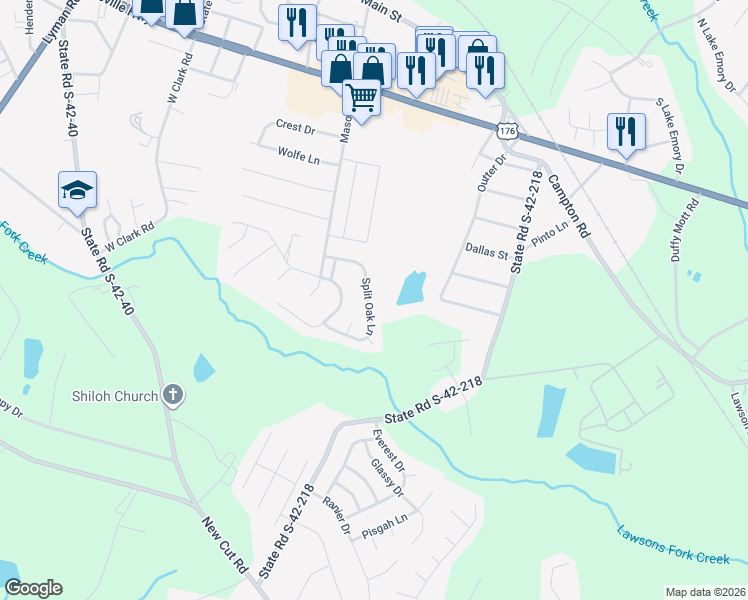map of restaurants, bars, coffee shops, grocery stores, and more near 369 Split Oak Lane in Inman