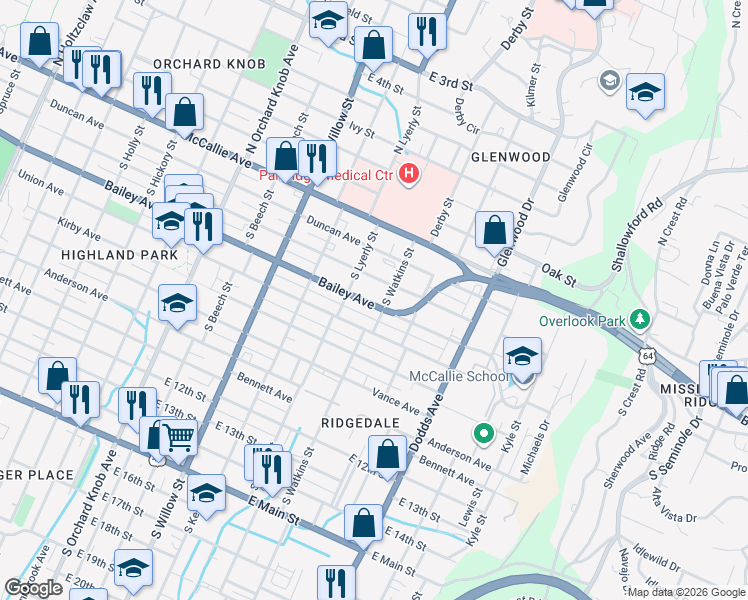 map of restaurants, bars, coffee shops, grocery stores, and more near 2313 Tennessee 2 in Chattanooga