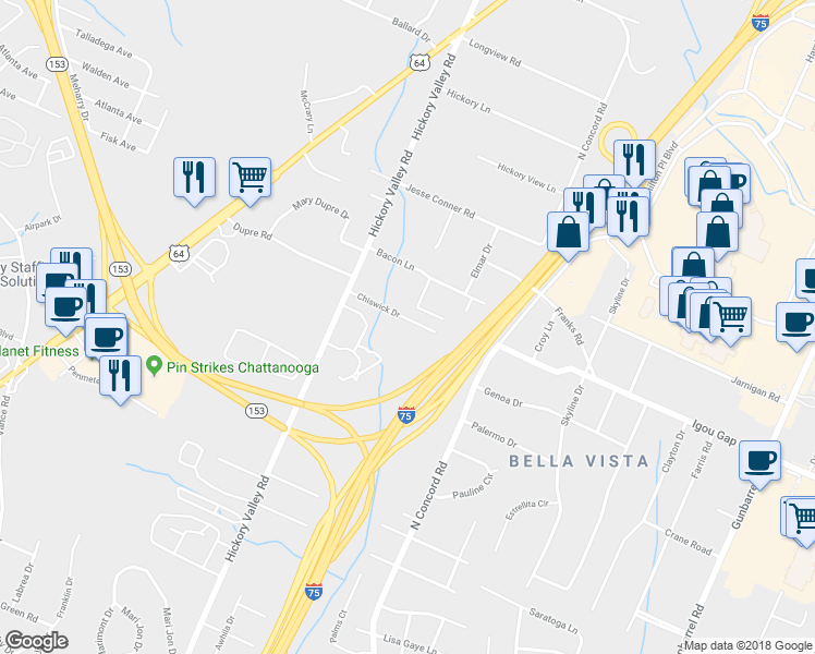 map of restaurants, bars, coffee shops, grocery stores, and more near 6822 Chiswick Drive in Chattanooga