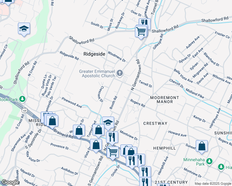 map of restaurants, bars, coffee shops, grocery stores, and more near 312 Tunnel Boulevard in Chattanooga
