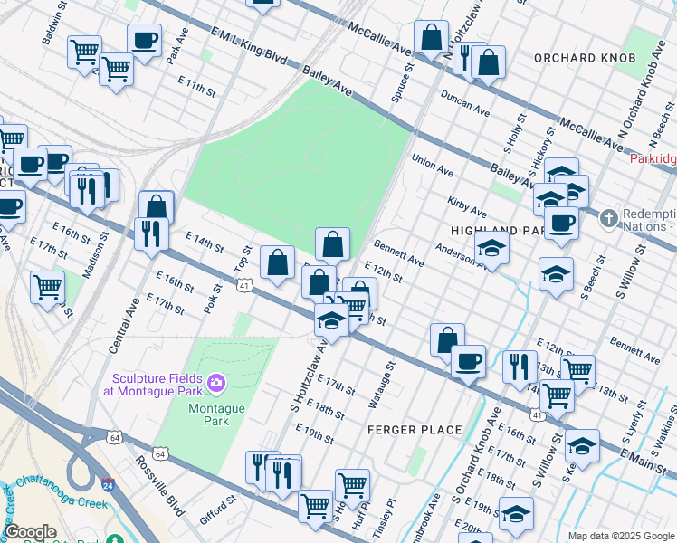 map of restaurants, bars, coffee shops, grocery stores, and more near 1257 East 13th Street in Chattanooga