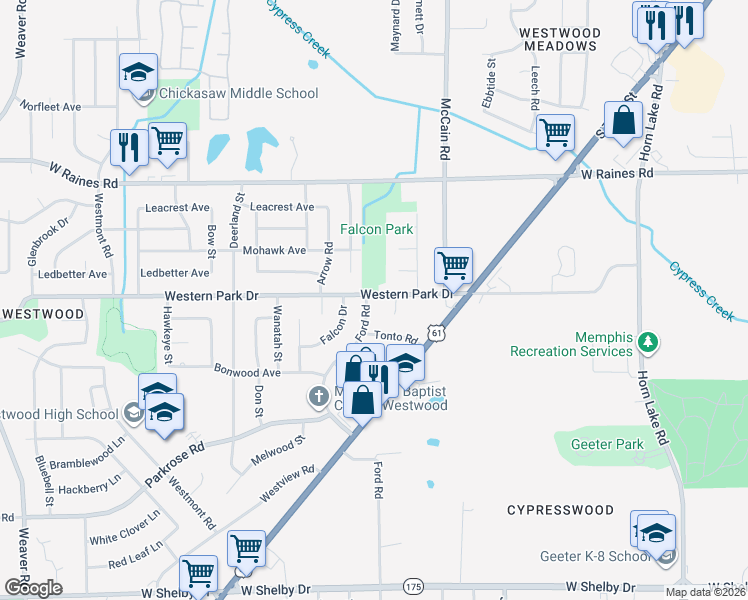map of restaurants, bars, coffee shops, grocery stores, and more near 507 Western Park Drive in Memphis