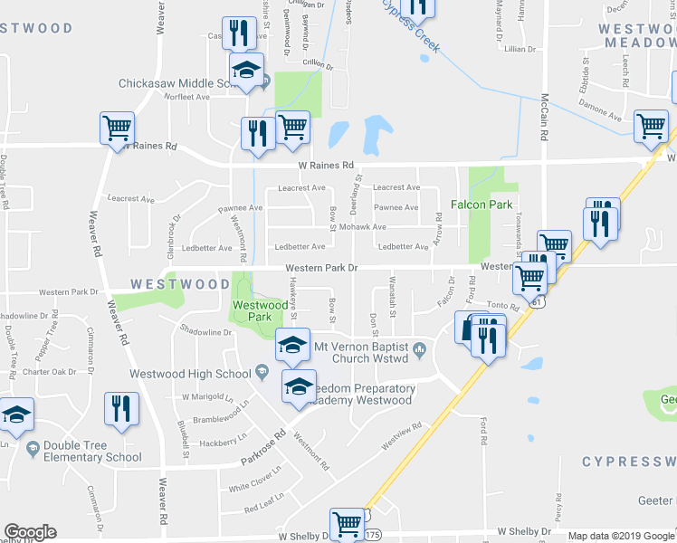 map of restaurants, bars, coffee shops, grocery stores, and more near 735 Western Park Drive in Memphis