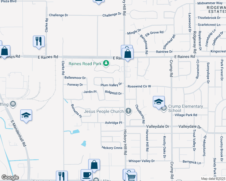 map of restaurants, bars, coffee shops, grocery stores, and more near 5858 Ridgehill Drive in Memphis