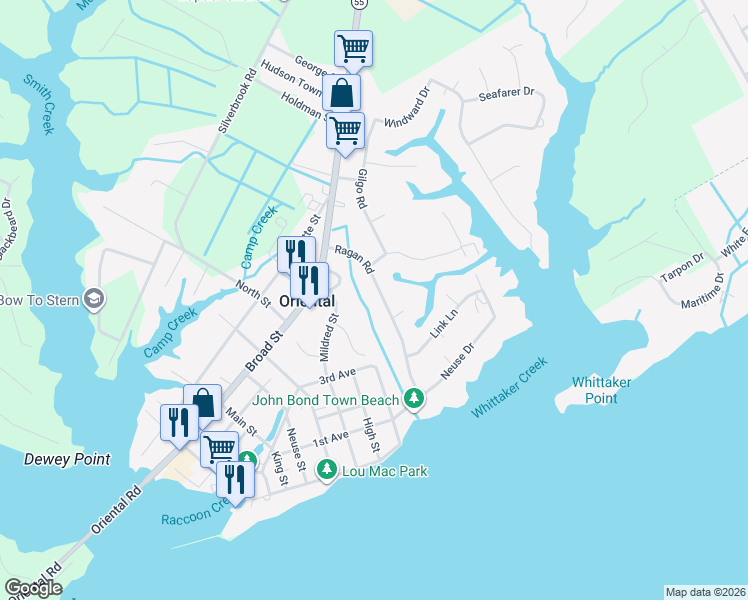 map of restaurants, bars, coffee shops, grocery stores, and more near 505 Ragan Road in Oriental