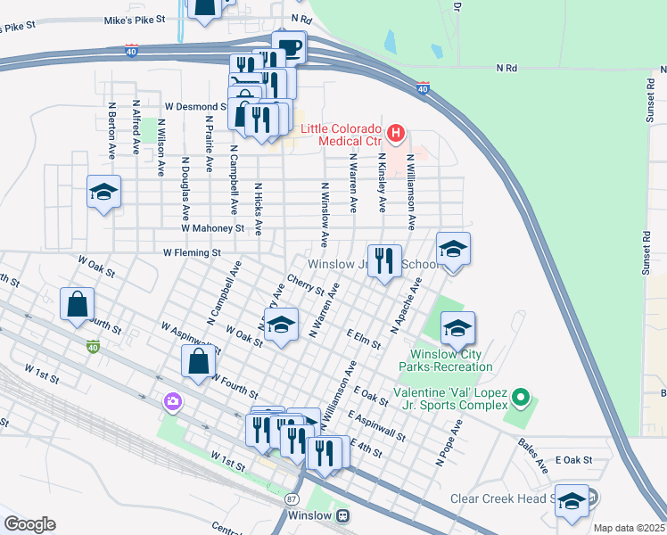map of restaurants, bars, coffee shops, grocery stores, and more near 210 West Mulberry Street in Winslow