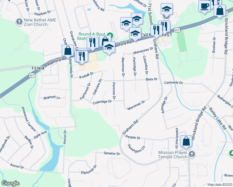 map of restaurants, bars, coffee shops, grocery stores, and more near 1991 Penrose Dr in Fayetteville