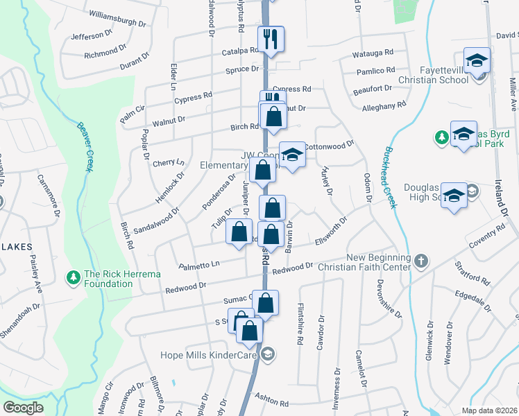 map of restaurants, bars, coffee shops, grocery stores, and more near 1000 Hope Mills Road in Fayetteville