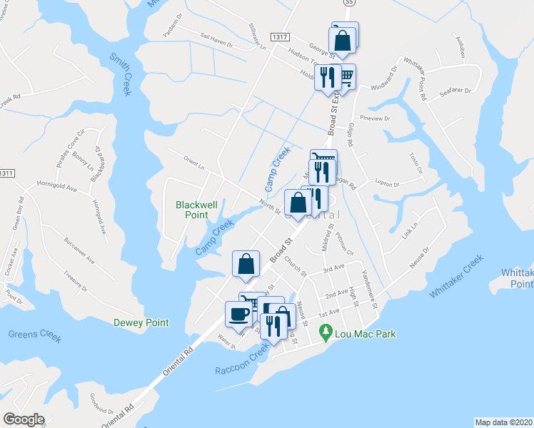 map of restaurants, bars, coffee shops, grocery stores, and more near 709 Midyette Street in Oriental