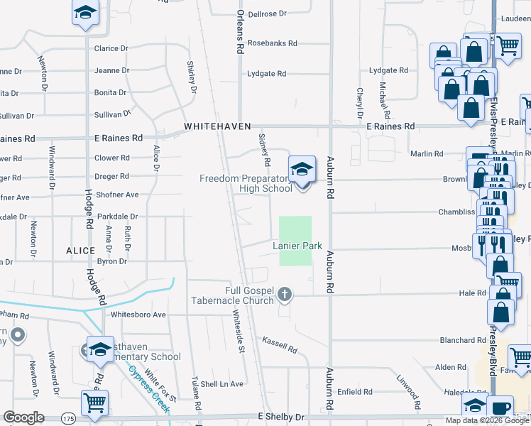 map of restaurants, bars, coffee shops, grocery stores, and more near 4307 Sidney Road in Memphis