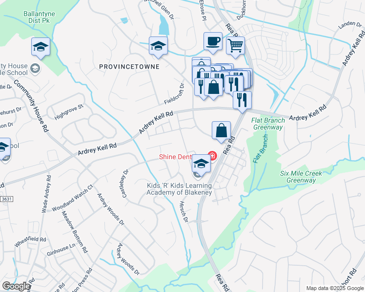 map of restaurants, bars, coffee shops, grocery stores, and more near 10206 Blakeney Preserve Drive in Charlotte