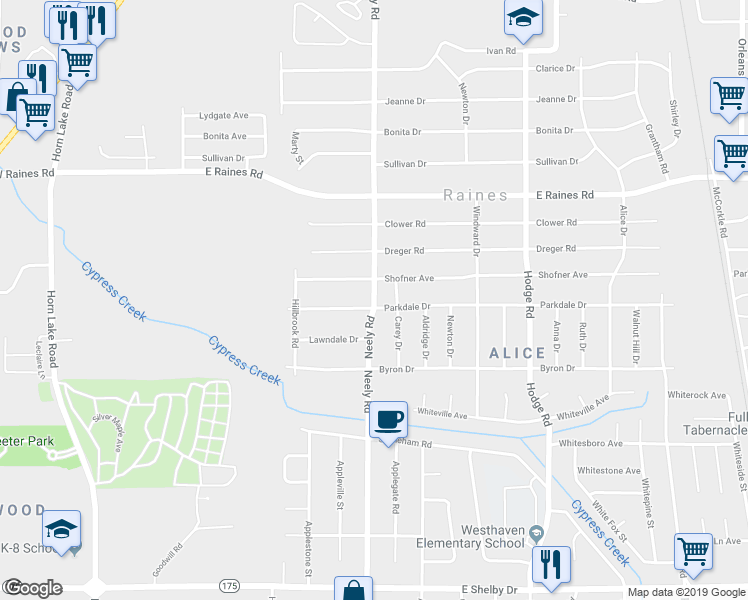 map of restaurants, bars, coffee shops, grocery stores, and more near Neely Road in Memphis