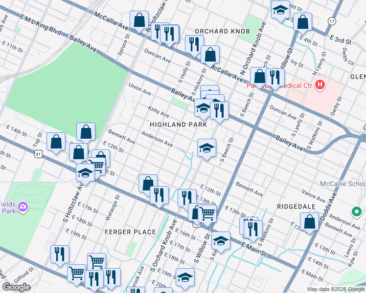 map of restaurants, bars, coffee shops, grocery stores, and more near 1711 Anderson Avenue in Chattanooga