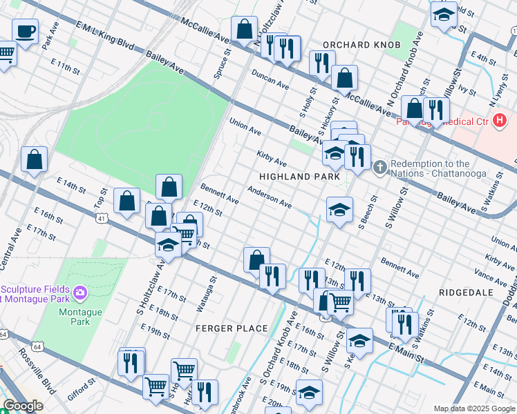 map of restaurants, bars, coffee shops, grocery stores, and more near 1515 Bennett Avenue in Chattanooga