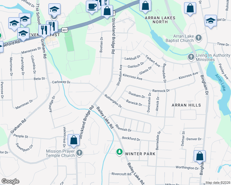 map of restaurants, bars, coffee shops, grocery stores, and more near 1132 Strathdon Avenue in Fayetteville